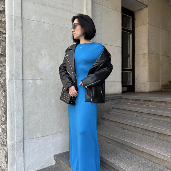 Viscose Fitted Maxi Knitted Dress in Turquoise
