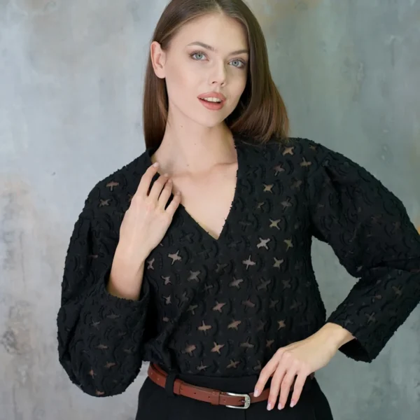 Black cotton blouse with organza