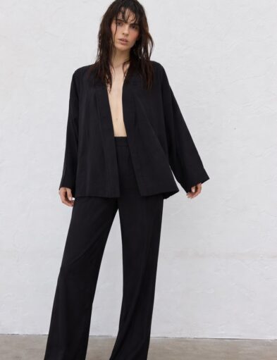 Black Tencel Kimono Set with wide-leg Pants
