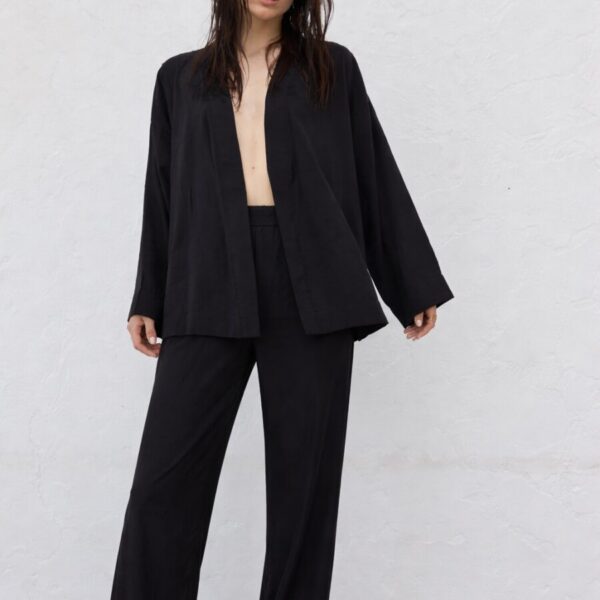 Black Tencel Kimono Set with wide-leg Pants