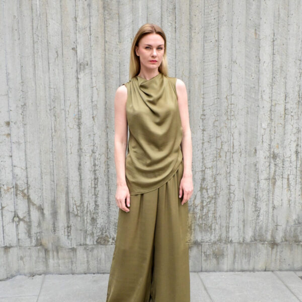 Satin Olive Wide-Leg Pants