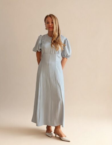 Light Blue Viscose Dress with Lantern Sleeves