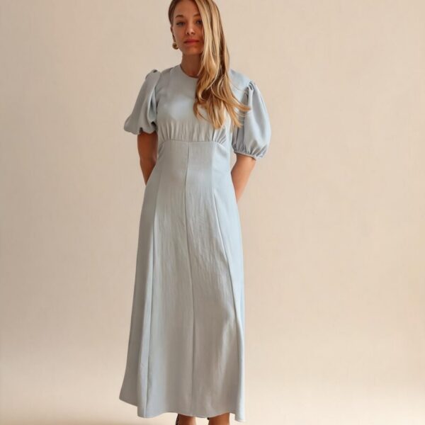 Light Blue Viscose Dress with Lantern Sleeves