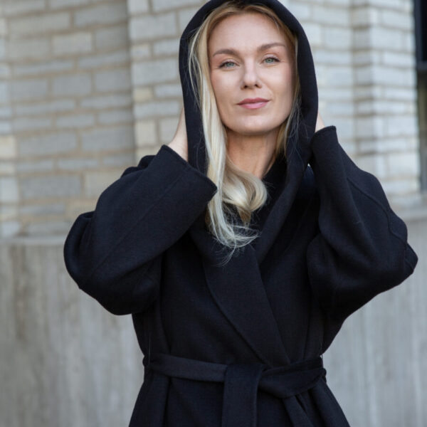Black Wool Coat with Hood