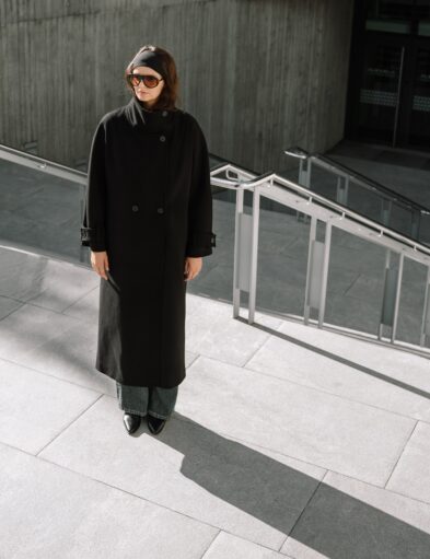 Black Gathered Collar Coat