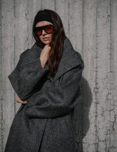 Grey Herringbone Wool Blend Coat