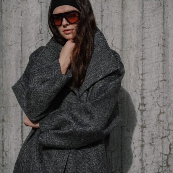 Grey Herringbone Wool Blend Coat