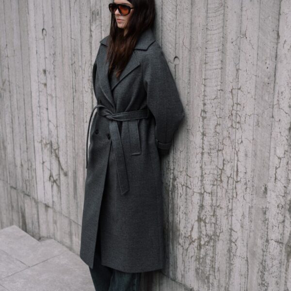 Grey Double Breasted Belted Coat