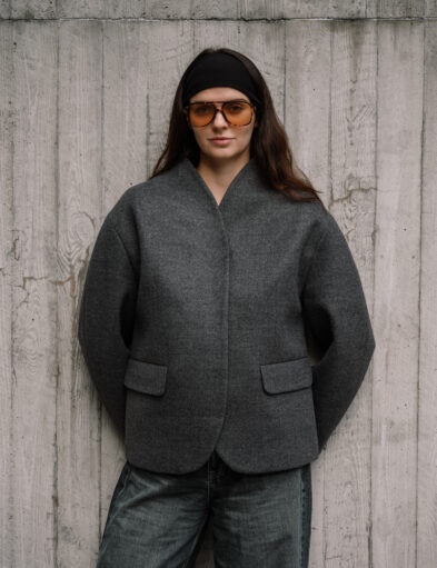 Grey Belted Cropped Wool Coat