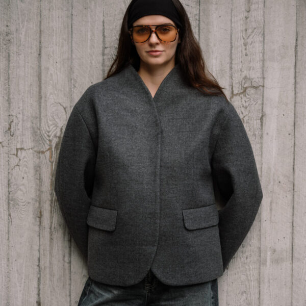 Grey Belted Cropped Wool Coat